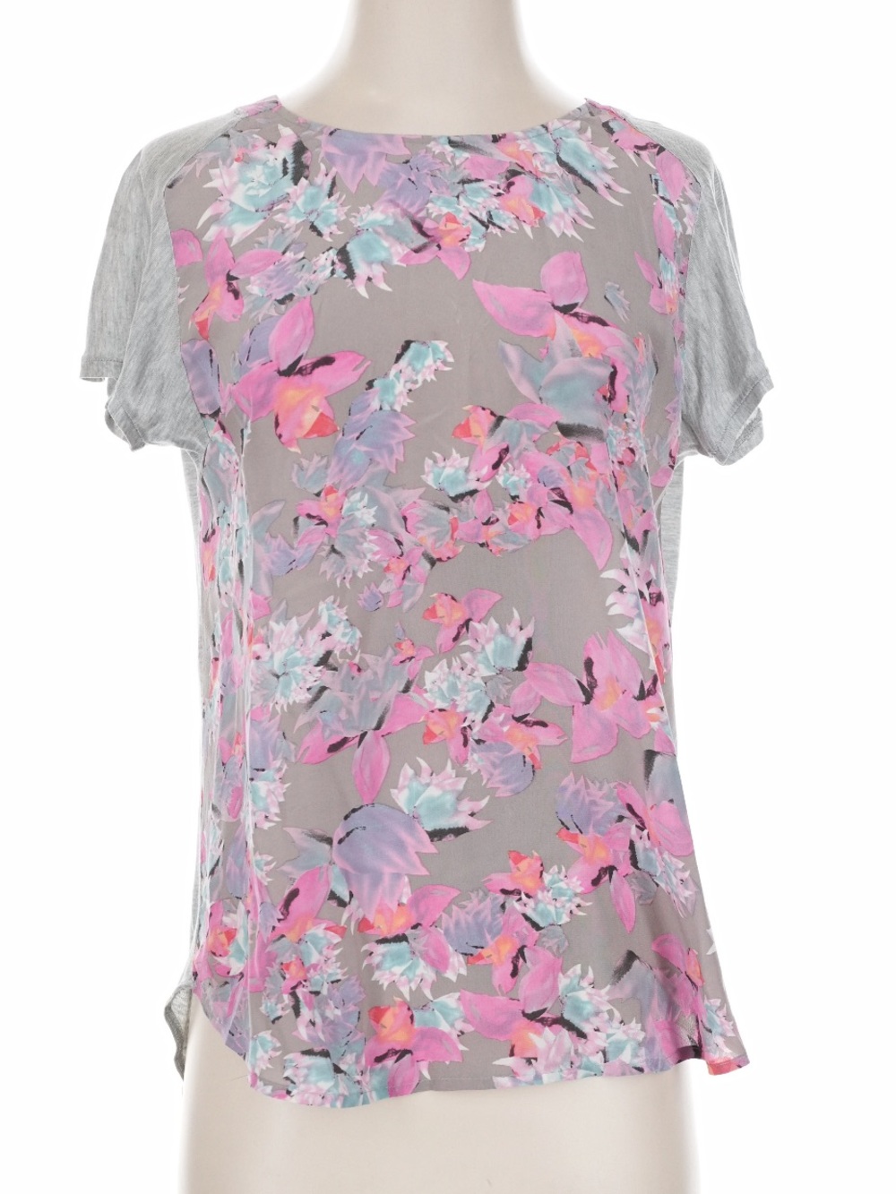 Rebecca Taylor 100% Silk Gray Floral Short Sleeve Top Luxury Designer Size S